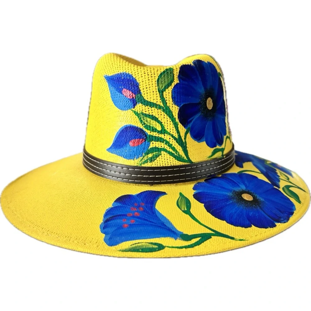 Mexican Hand Painted Yellow and Blue Floral Hat - Picture 5 of 7